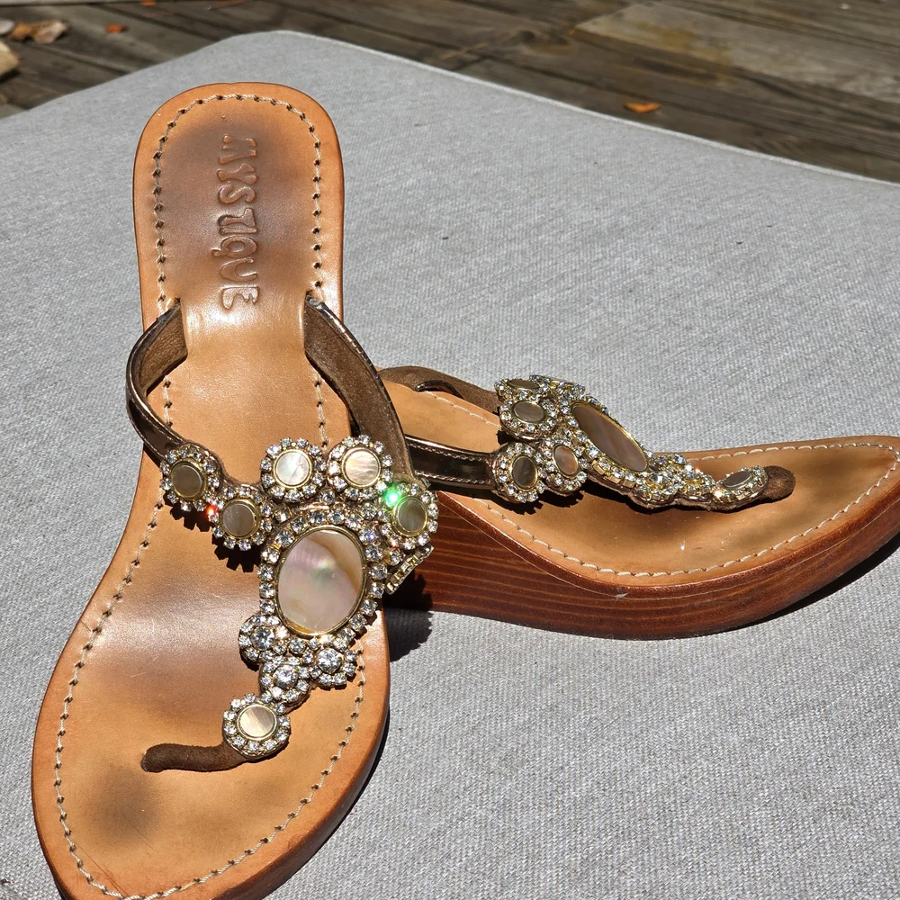 Mystique Boutique Brown Jeweled Wedge Sandals with Mother-of-Pearl Accents